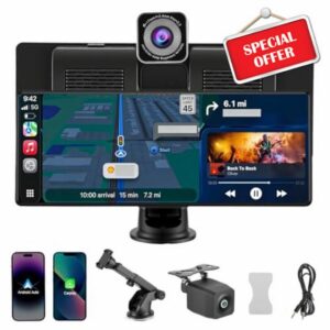 10.26" Wireless Carplay Screen for Car with 4K Dash Cam & 1080p Rear Camera