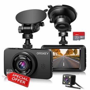ORSKEY Dash Cam for Cars Front and Rear and SD Card Included 1080P Full HD In Car Camera Dual Lens Dashcam for Cars 170 Wide Angle Sony Sensor with Loop Recording and G-senso