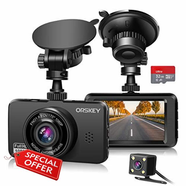ORSKEY Dash Cam for Cars Front and Rear and SD Card Included 1080P Full HD In Car Camera Dual Lens Dashcam for Cars 170 Wide Angle Sony Sensor with Loop Recording and G-senso