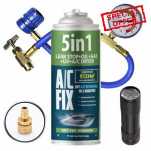 AC FIX 5-in-1 – R1234yf + Hose + Flashlight + Adapter Refrigerant for Car Air Conditioning with Oil