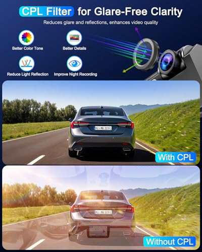 4K Car Camera with CPL Filter 64GB SD Card 5G WiFi 3.69'' IPS Screen Dual Dash Camera for Car