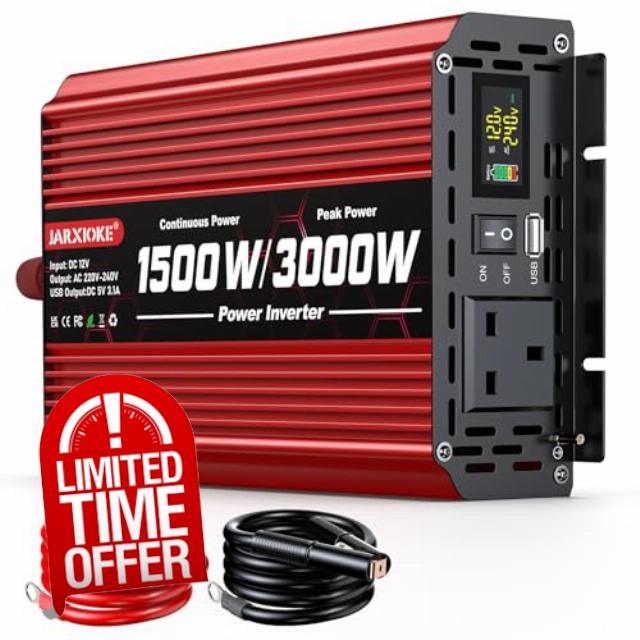 1500W Power Inverter 12V to 240V AC Car Converter with LCD Screen & 2 AC Sockets & USB for Camping