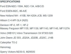 A UNIVERSAL OIL SUITABLE FOR TRACTOR TRANSMISSIONS HYDRAULICS SPECIFICATIONS IN PHOTO