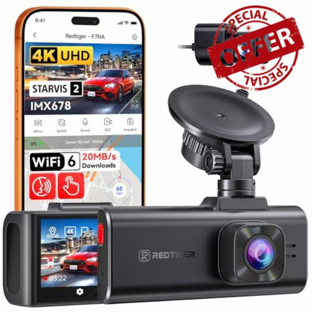 REDTIGER F7NA 4K Dual Dash Cam STARVIS 2 IMX678 8MP 5GHz WiFi (20MB/s Fast Download) Front 1080P Rear GPS Voice Control WDR HDR Night Vision 24H Parking Mode Support 512GB Max(No SD Card)
