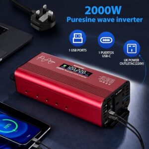 Power Inverter 12V to 240V with UK Socket 2 USB,Aluminum Car Power Inverter with LED Display & 8-tier Safety Protection for Travel