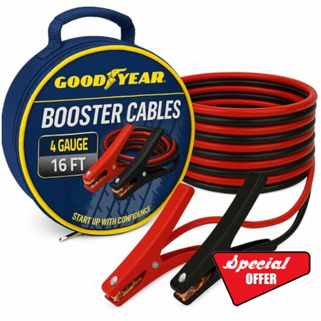 Goodyear Heavy Duty Jumper Cables for Car Battery – 4 Gauge 16 ft Booster Cables with Carrying Case for Cars