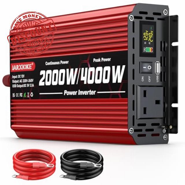 2000W Power Inverter 12V to 240V AC Car Converter with LCD Screen & 2 AC Sockets & USB for Camping