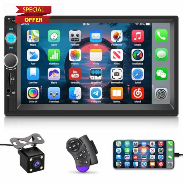 Double Din Car Stereo with Reverse Camera 7 inch Touch Screen Car Radio 2 Din Support Mirror Link Bluetooth SWC FM AUX-in TF Card + Remote Control