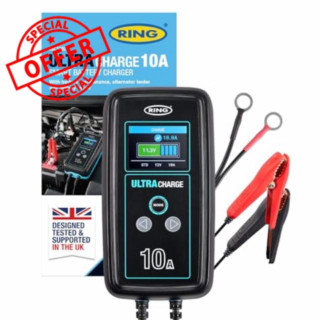 RING ULTRACHARGE 10A Smart Car Charger & Battery Maintainer With Alternator Testing And Power Supply Mode - Compatible With Lithium Ion
