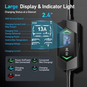 6/8/10/13A 3 Pin EV Charger Cable for up to 12H Delayed Start Charging with 2.4″ LED Screen