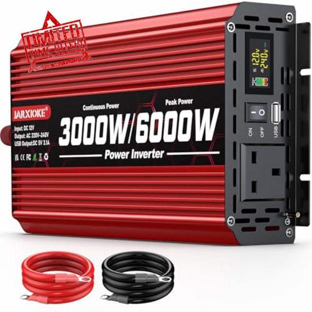 3000W Power Inverter 12V to 240V AC Car Converter with LCD Screen & 2 AC Sockets & USB for Camping