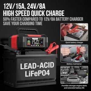 NEXPEAK NC315 12V 15A/24V 8A Smart Charger Battery with Cable Storage Temperature Compensation for Car
