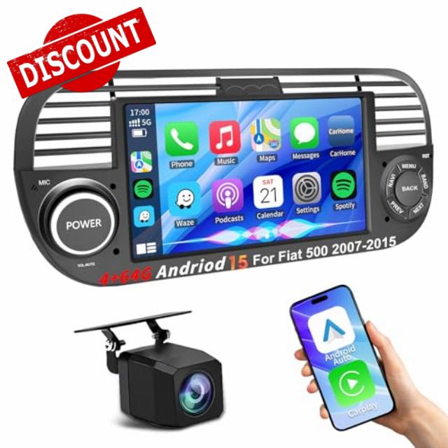 4+64G Android 15 Car Stereo for Fiat 500 (2007-2015) Wireless CarPlay & Android Auto &MIrror Link