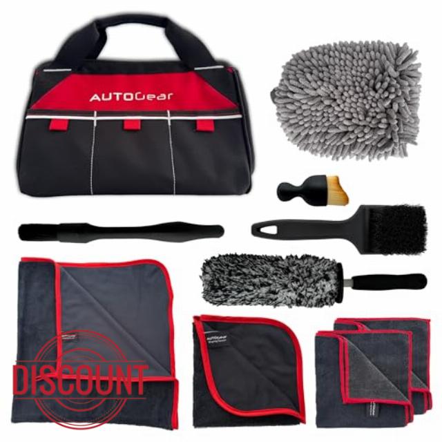 AutoGear UK Complete Car Cleaning Kit – 10 Quality Accessories + Extra-Large Drying Towel & Durable Canvas Storage/Tool Bag