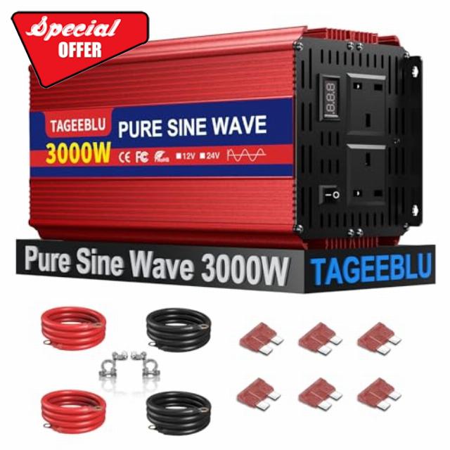 Pure Sine Wave Power Inverter 3000w DC 12V to AC 240V Voltage Converter with 2 AC Outlets