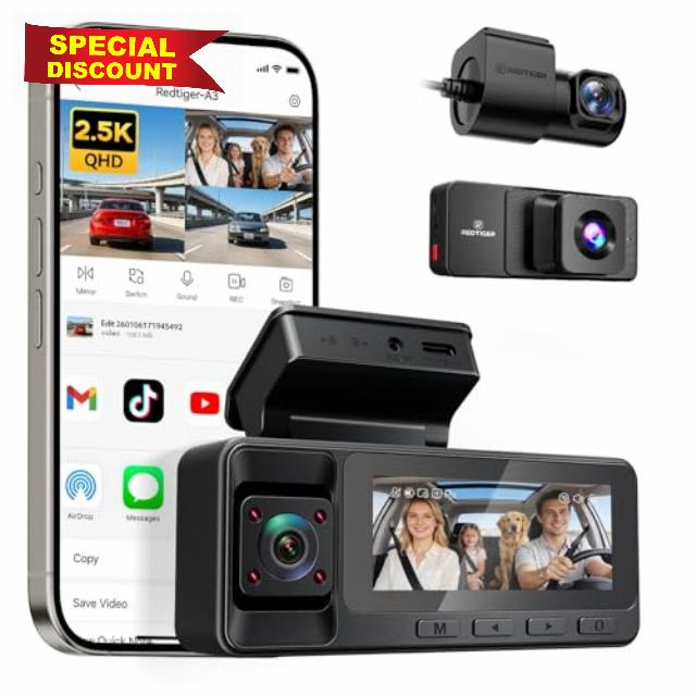 REDTIGER 2.5K 3 Channel Dash Cam with WiFi
