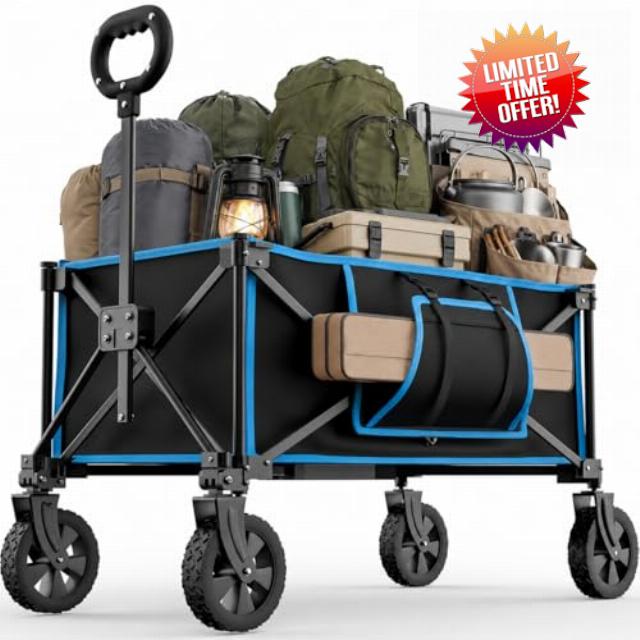 140L Camping Trolley on Wheels – Folding Wagon & Portable Beach Trolley Cart with Adjustable Handle