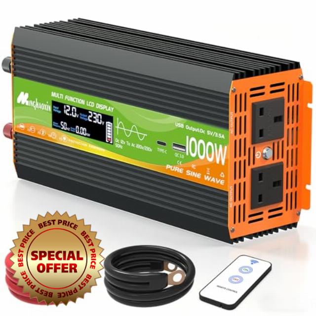 1000W Pure Sine Wave Inverter，12V to 230v 240v Car Converter Power Inverter with USB Ports