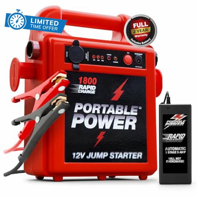 Portable 12V Jump Starter 10-Min Recharge for Diesel & Petrol Engines                                                          Portable power pack with durable 80cm copper cables – starts up to 50 engines per charge; emergency power for cars & lorries.