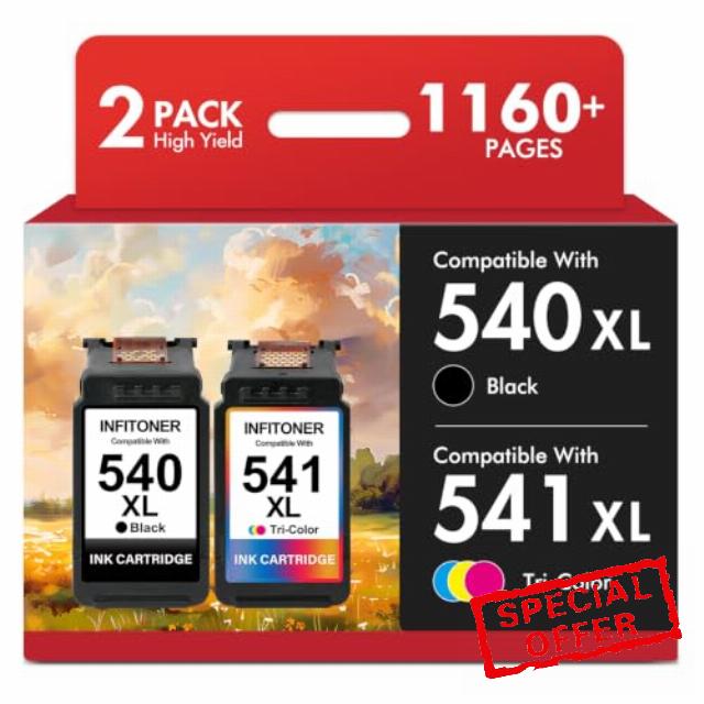 540 and 541 Ink Cartridges TS5150 TS5151 Compatible for Canon 540/541 540XL and 541XL Printer Ink Cartridges XL PG-540 CL-541 for Canon Pixma TS5150 TS5151 MG3650S MG3600 TS5100 MG4250 (Black Colour)