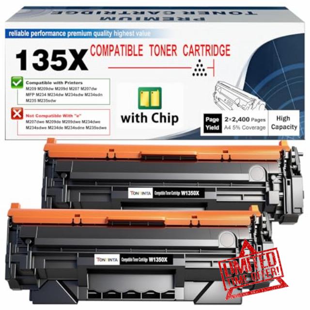 135X W1350X ( 135A W1350A ) Compatible Toner Cartridges [with CHIP] High Capacity 2400 Pages Black for M209 M209d M209dw M207dw M234d M234dw M234sdw M234sdn M235sdw Printers (2 Pack)