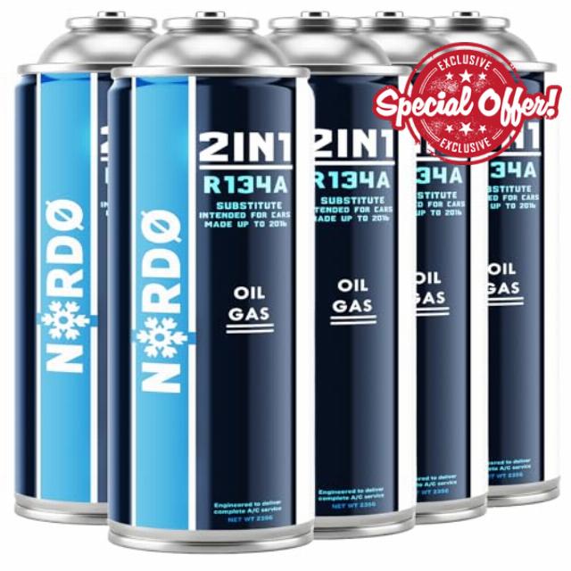 Nordo - Gas for Car Air Conditioning – Air Con Recharge Gas R134a – For vehicles manufactured between 1994 and 2016 – Non-toxic – Corrosion-resistant – 5 pieces – 235g per Ca
