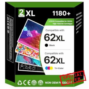 62XL Ink Cartridge Twin Pack Ink Cartridges Replacement for HP 62 62XL Ink for HP Envy 5540 5542 5543 5544 5545 5546 5640 5642 OfficeJet 200 250 258 5740 5744 8040 8045 printers (1Black