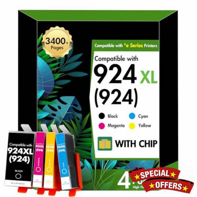 924 Ink Cartridges 4 pack 924XL 924e 8120e 8122e Compatible for HP924 Ink Cartridges 924 XL for HP OfficeJet Pro 8120e 8132e 8130e 8124e 8125e 8134e Printer with Chip (Black Cyan Magenta Yellow)