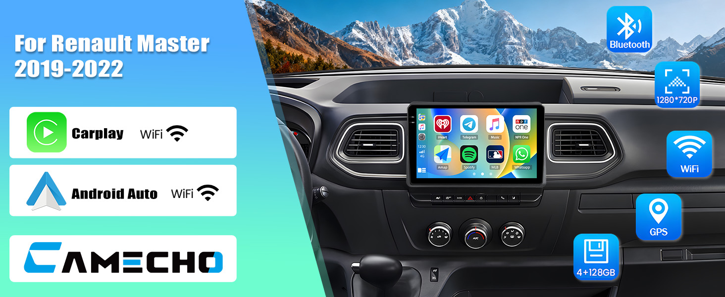 Text reads 'For Renault Master 2019-2022', 'CAMECHO', 'Android Auto wifi'. Car dashboard display interface showing navigation and smartphone connectivity features.