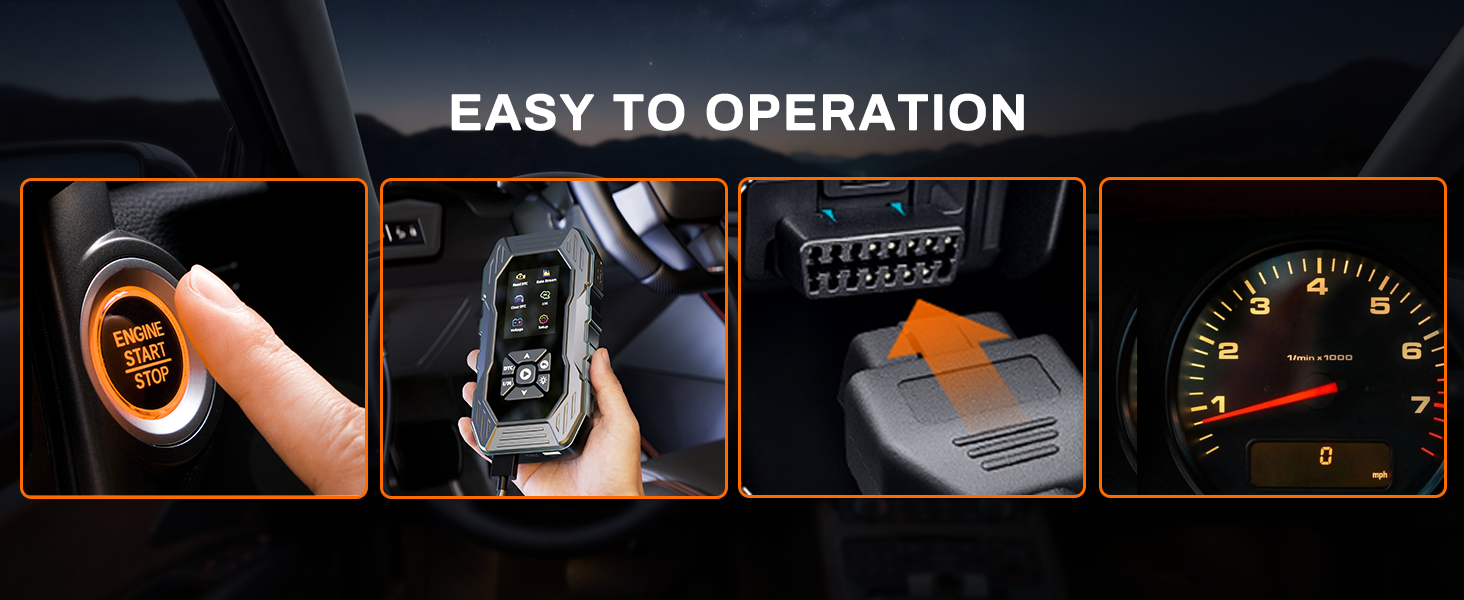 Text reads 'EASY TO OPERATION'. Series of automotive dashboard interface images showing various controls and instrument panel displays with orange highlighting.