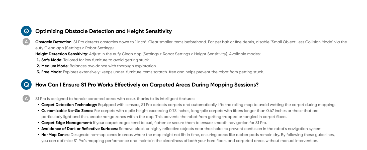 Informational diagram showing obstacle detection and height sensitivity settings, with detailed text instructions for mopping on carpeted areas.