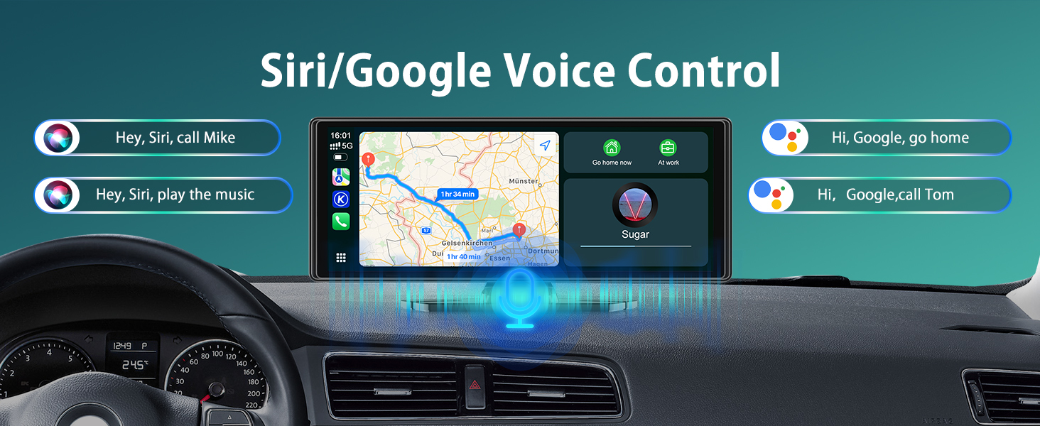 Text reads 'Siri/Google Voice Control'. Car dashboard interface showing navigation system with voice control capabilities and menu options.