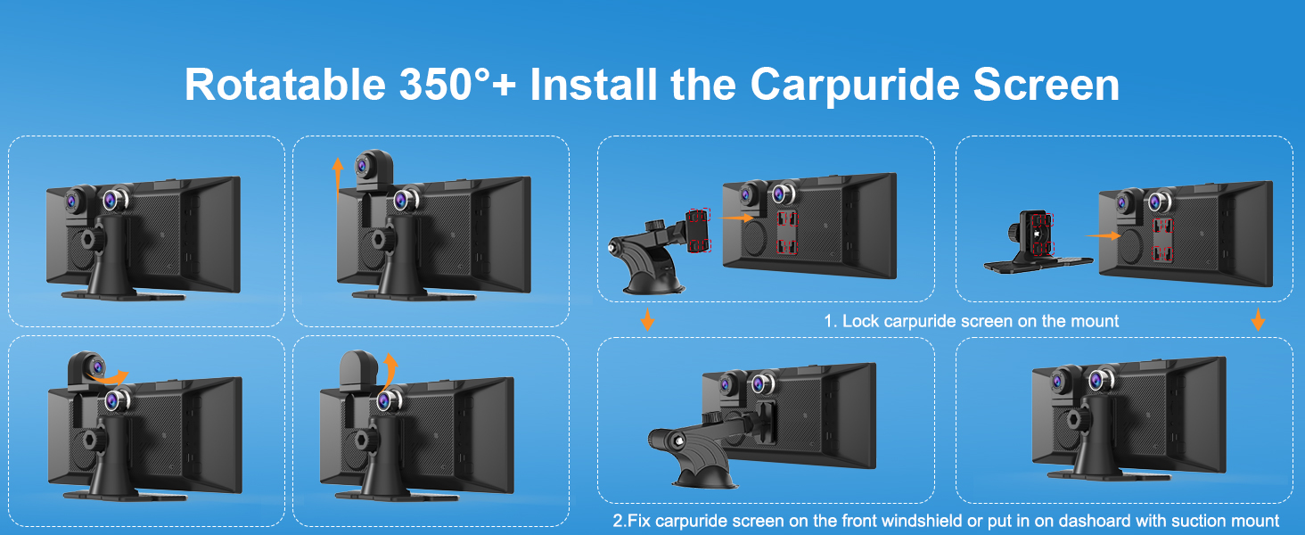 Eight-panel diagram showing installation steps for a rotatable car screen mount. Text reads: