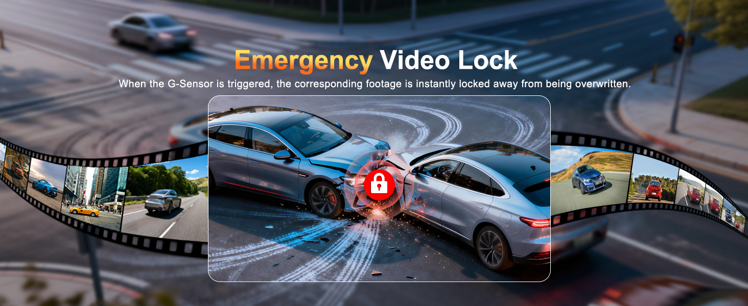 Text reads 'Emergency Video Lock'. Promotional banner showing collage of vehicle images arranged in curved layout with red lock icon, featuring cars in urban setting.