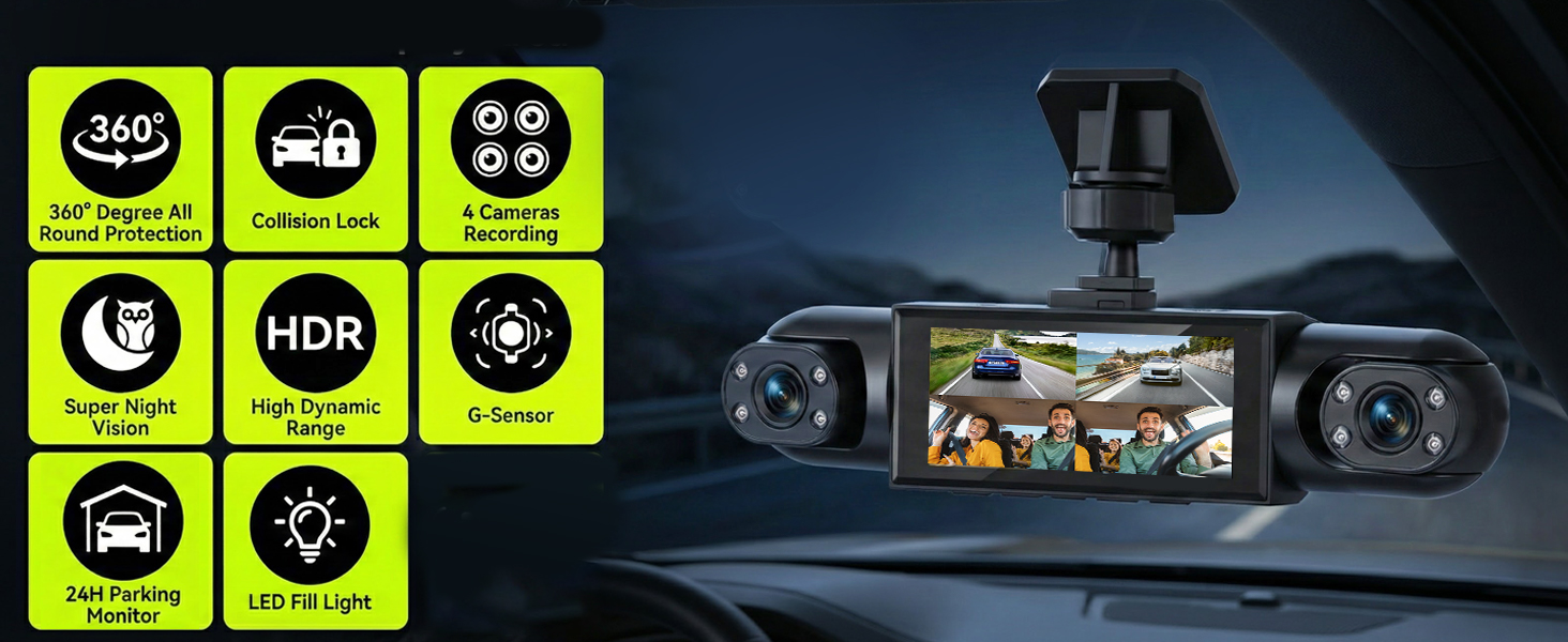 Car dashboard display with rearview camera feed. Features indicated by neon green circular icons showing various driving assistance functions.