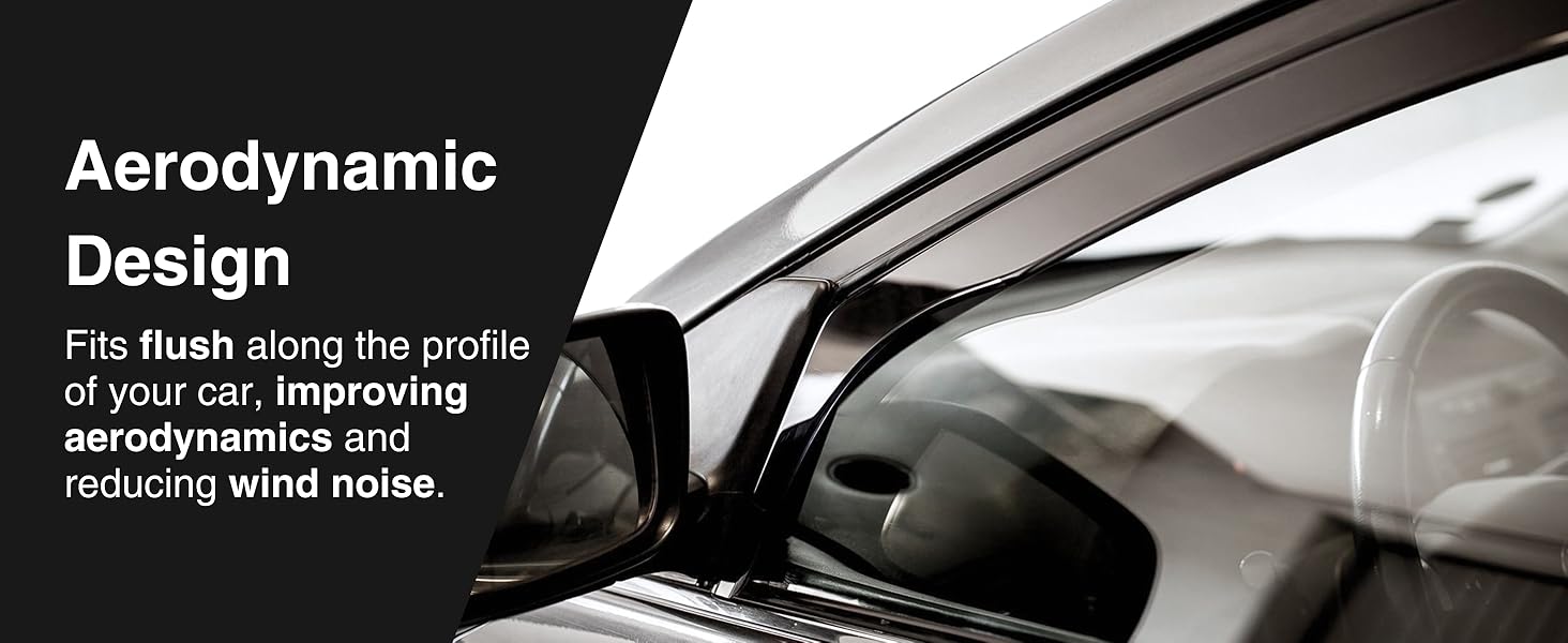 Car accessory product image showing aerodynamic design that fits flush along vehicle profile, with text describing wind noise reduction benefits.
