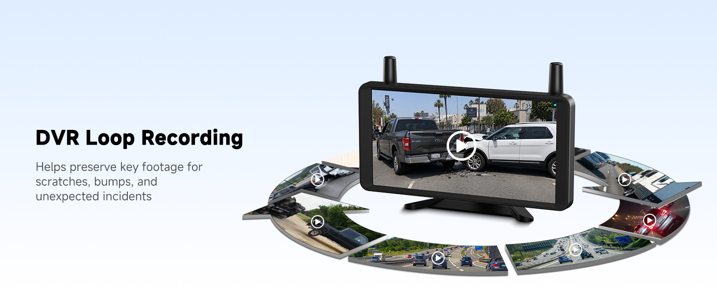 Text reads 'DVR Loop Recording' with subtitle 'Great road or parking assistance, Night vision, bumpers, and accessories.' Shows dashboard camera system with black display unit and multiple device components arranged below.