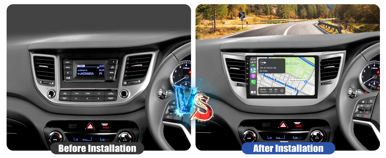Text reads 'Before Installation' and 'After Installation'. Split view of car dashboard displays showing navigation system upgrade comparison in vehicle interior.