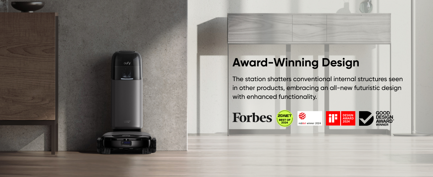 Two robotic devices in a minimalist interior. Left: wall-mounted unit. Right: floor unit. Display shows 'Award-Winning Design' with Forbes and other logos.