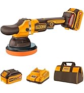 Cordless power polisher with orange-black finish, including battery, charger and carrying bag. Features circular polishing pad attachment.
