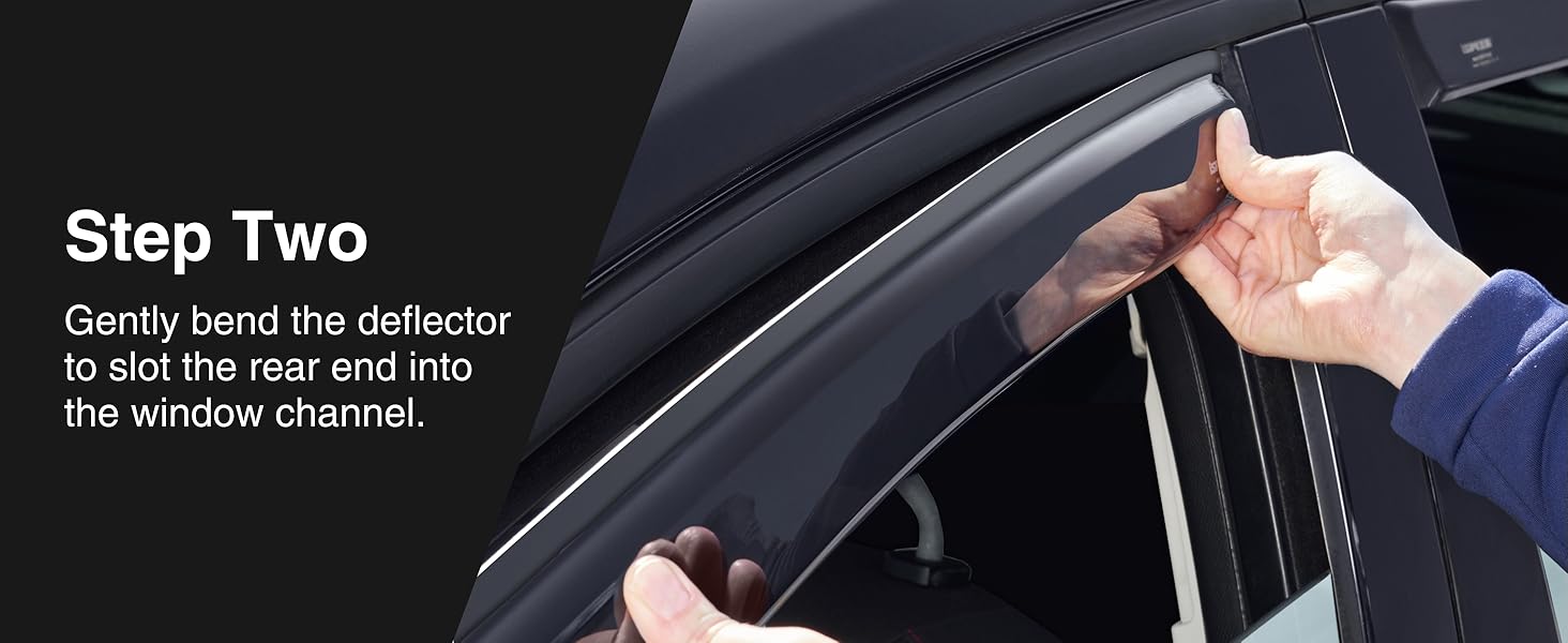 Hands demonstrating installation of a car window deflector, gently bending it to fit into the window channel.