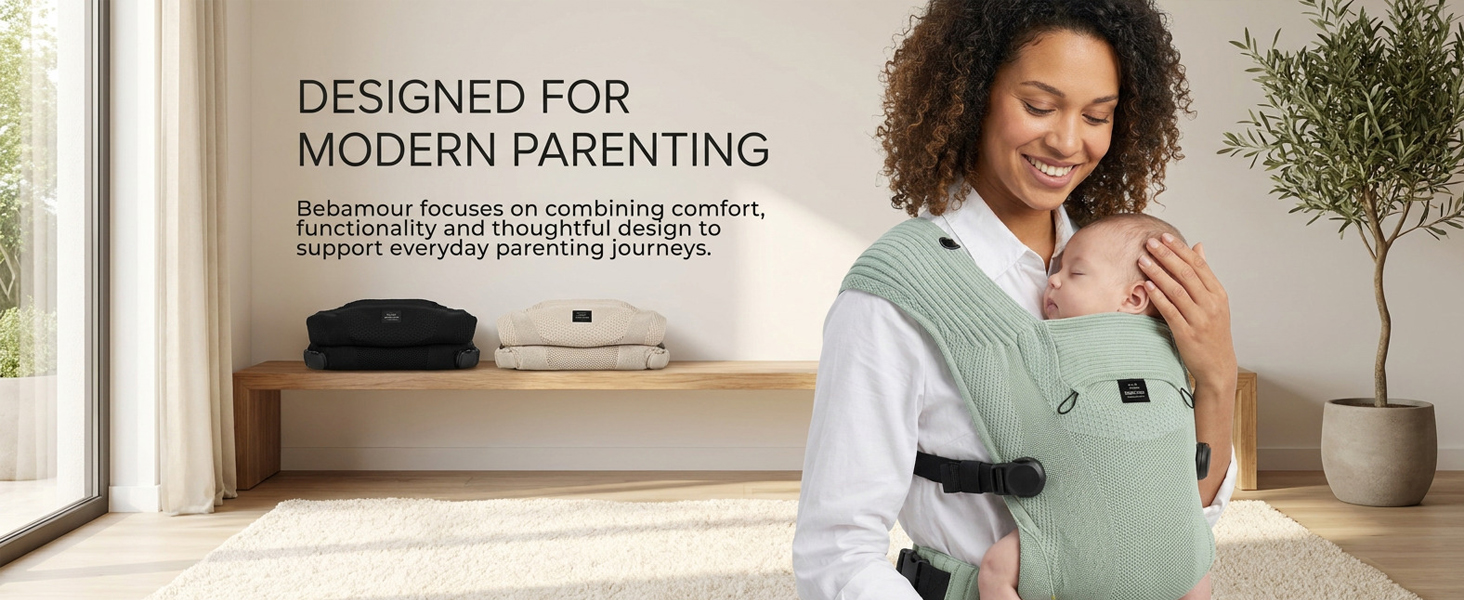 Text reads "DESIGNED FOR MODERN PARENTING." Woman holding mint-green baby carrier with text describing product features, positioned indoors near window with plant decor.