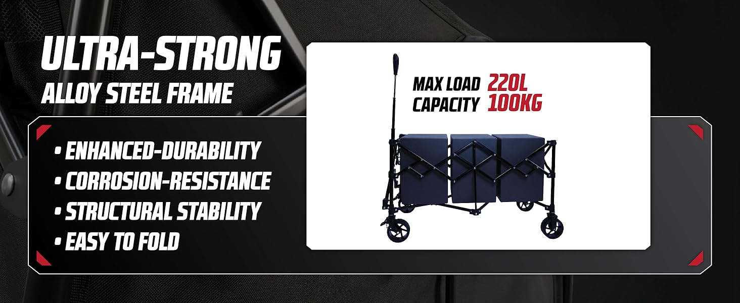 Text reads 'ULTRA-STRONG ALUMINUM STEEL FRAME', 'ENHANCED DURABILITY', 'STRUCTURAL STABILITY', 'BEST IN CLASS', 'MAX LOAD 250G', 'WEIGHT 150KG'. Product image shows dark utility cart or dolly on black background.