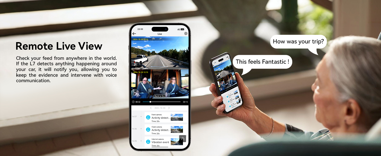 Smartphone displaying live video feed of outdoor pool area. Elderly person holding phone, demonstrating remote viewing feature for home security or monitoring system.