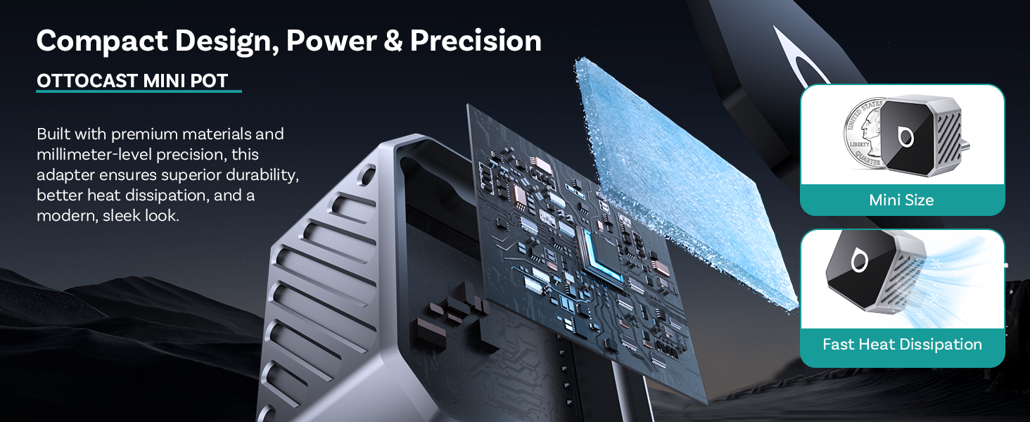 Text reads 'Compact Design, Power & Precision.' Product marketing image showing technical details of automotive or motorcycle parts.