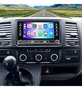 Compact rounded car infotainment touchscreen displaying colorful app icons including communication and entertainment applications, mounted in dashboard with physical controls below.
