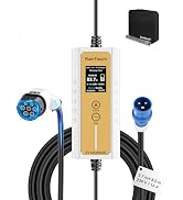 EV charger with gold-colored control unit displaying charging status. Features Type 2 and Type 1 connectors, 32A capacity, and 7.5m cable length. Includes portable storage case.