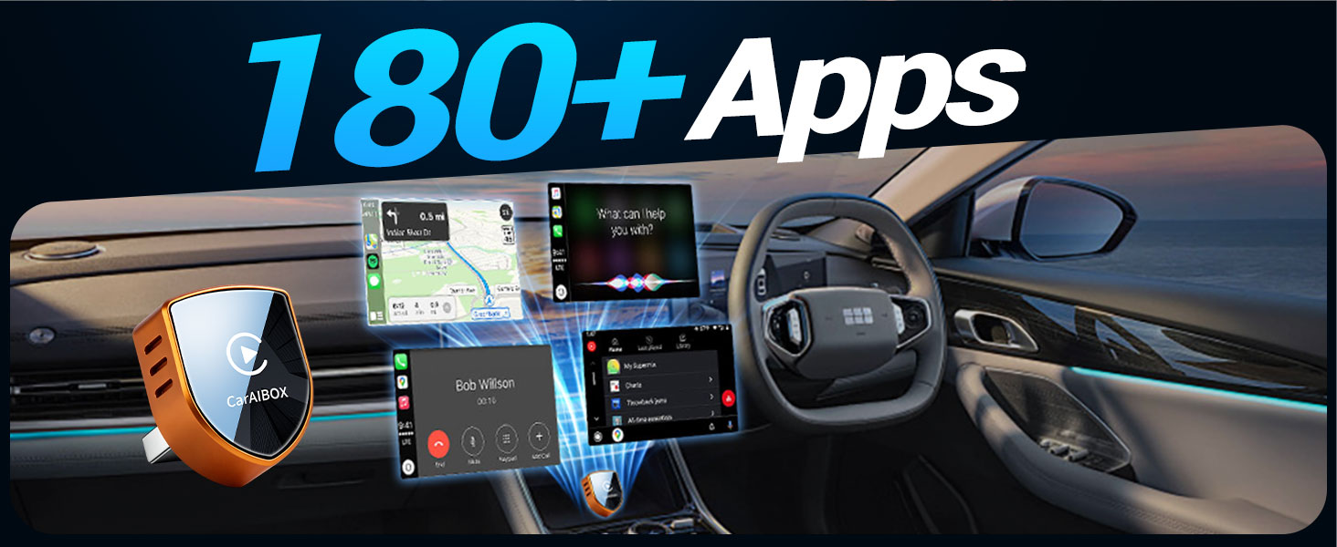Text reads '180+Apps'. Automotive dashboard and smartwatch displays showing various connected applications and navigation interfaces.