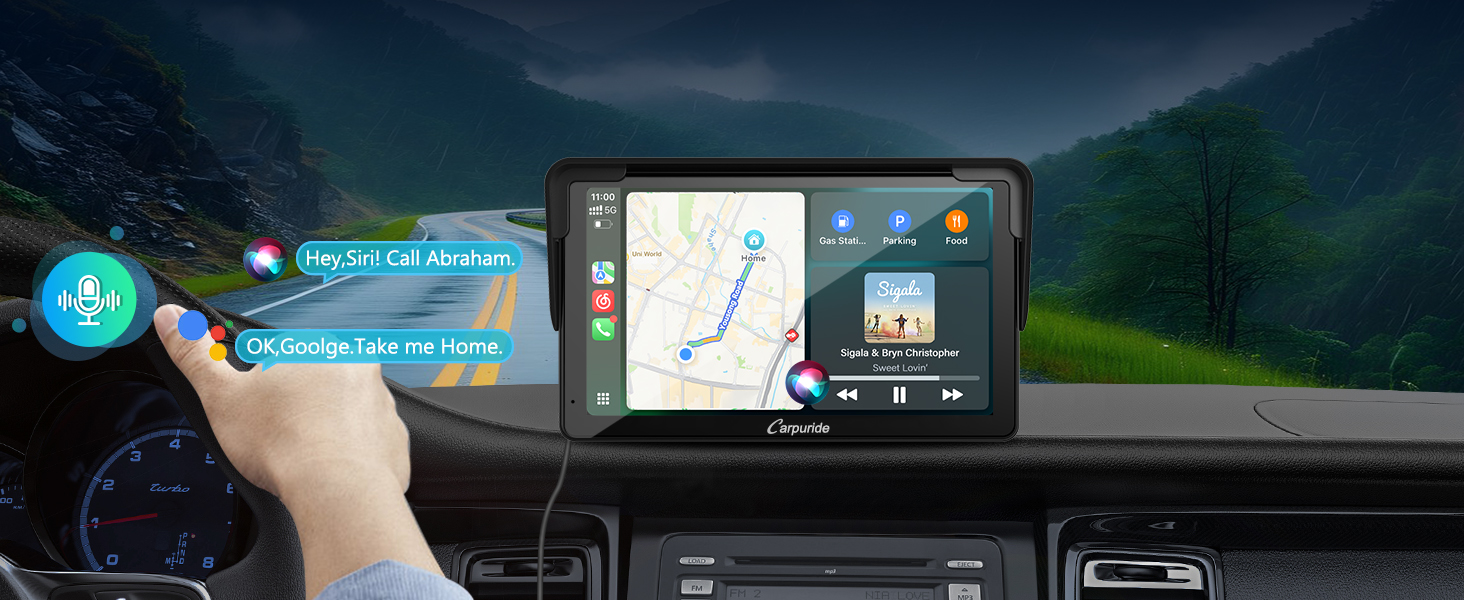 Car dashboard with GPS navigation device displaying map and route. Device shows voice command icon, weather, and music apps. Hand reaching towards screen demonstrating touch interaction.