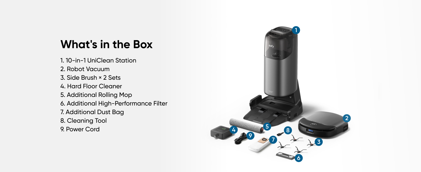 Product box contents display showing vacuum or filter system components including hoses, attachments, and power cord laid out systematically.
